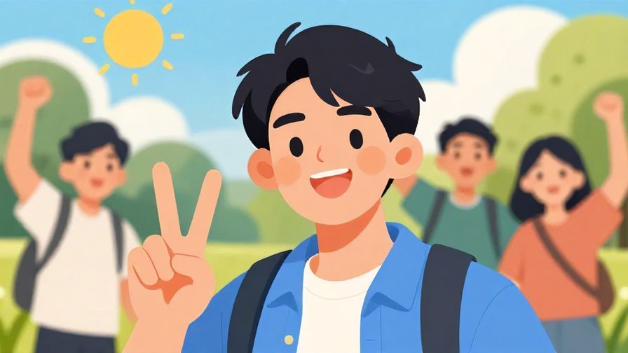 Illustration%20of%20a%20person%20smiling%20and%20giving%20a%20peace%20sign%2C%20with%20a%20sunny%20outdoor%20background%20and%20friends%20cheering%20behind%20them%2C%20bright%20colors%2C%20illustrated%20style