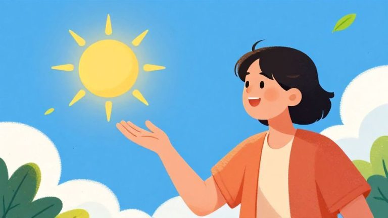 Illustration%20of%20a%20person%20smiling%20and%20gesturing%20towards%20a%20bright%20shining%20sun%20in%20a%20clear%20blue%20sky%2C%20with%20light%20rays%20and%20floating%20leaves%20around%20in%20vibrant%20colors%2C%20illustrated%20style