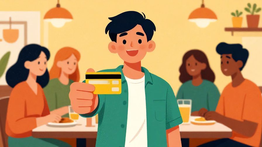 Illustration%20of%20a%20person%20smiling%20and%20holding%20out%20a%20credit%20card%20in%20a%20restaurant%20with%20friends%2C%20vibrant%20colors%2C%20illustrated%20style