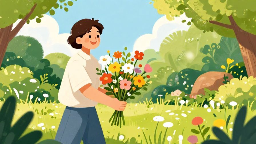 Illustration%20of%20a%20person%20smiling%20and%20offering%20flowers%20in%20a%20bright%2C%20sunny%20garden%2C%20vibrant%20colors%2C%20illustrated%20style