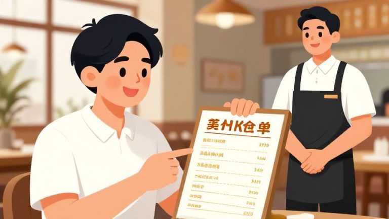 Illustration%20of%20a%20person%20smiling%20and%20pointing%20toward%20a%20menu%20with%20a%20friendly%20waiter%20approaching%20in%20a%20cozy%20restaurant%20setting%2C%20bright%20lighting%2C%20illustrated%20style