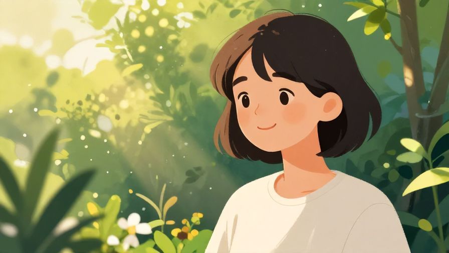 Illustration%20of%20a%20person%20smiling%20gently%20with%20sunlight%20shining%20down%20in%20a%20serene%20garden%20setting%2C%20vibrant%20colors%2C%20illustrated%20style