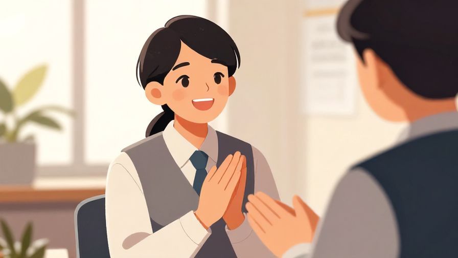 Illustration%20of%20a%20person%20smiling%20gratefully%20while%20receiving%20a%20compliment%2C%20formal%20office%20background%20with%20soft%20sunlight.%20Warm%20colors%2C%20illustrated%20style