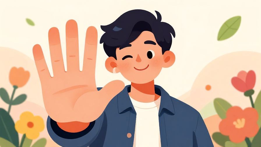 Illustration%20of%20a%20person%20smiling%20playfully%20while%20gently%20holding%20up%20a%20hand%20to%20signal%20stop%2C%20a%20soft%20background%20with%20flowers%20and%20floating%20leaves%2C%20vibrant%20colors%2C%20illustrated%20style