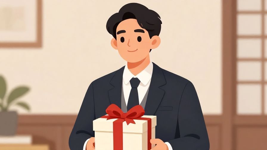 Illustration%20of%20a%20person%20smiling%20politely%20while%20holding%20a%20gift%20box%2C%20formal%20setting%2C%20soft%20lighting%2C%20illustrated%20style