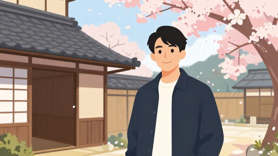 Illustration%20of%20a%20person%20smiling%20politely%20while%20standing%20outside%20a%20traditional%20Japanese%20building%20with%20cherry%20blossoms%20in%20background%2C%20illustrated%20style