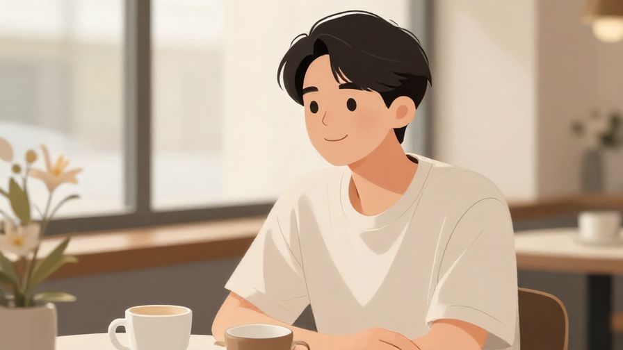 Illustration%20of%20a%20person%20smiling%20politely%20while%20talking%20in%20a%20quiet%20cafe%2C%20soft%20lighting%2C%20illustrated%20style