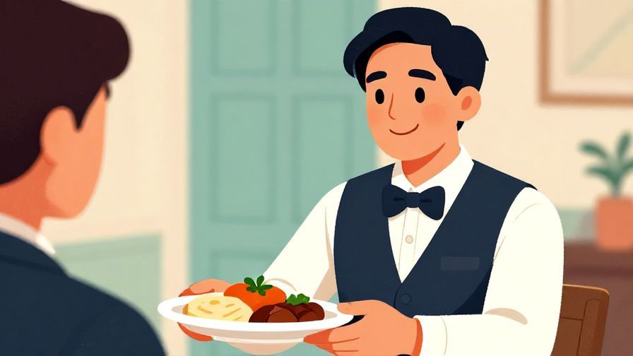 Illustration%20of%20a%20person%20smiling%20politely%20while%20offering%20a%20meal%20in%20a%20formal%20setting%2C%20vibrant%20colors%2C%20illustrated%20style