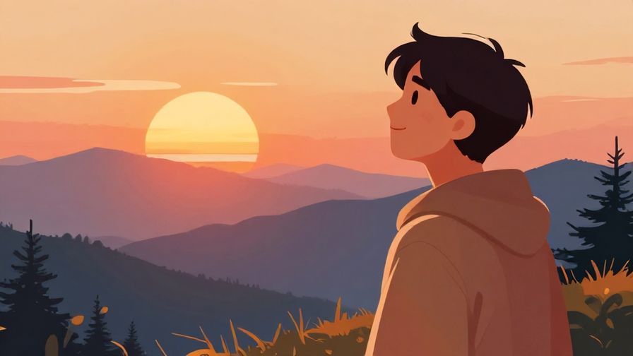 Illustration%20of%20a%20person%20smiling%20serenely%20while%20looking%20at%20a%20sunrise%20over%20mountains%2C%20vibrant%20colors%2C%20illustrated%20style