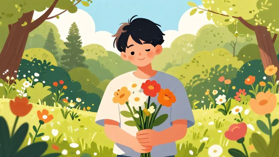 Illustration%20of%20a%20person%20smiling%20shyly%20while%20giving%20flowers%20in%20a%20garden%2C%20bright%20colors%2C%20illustrated%20style