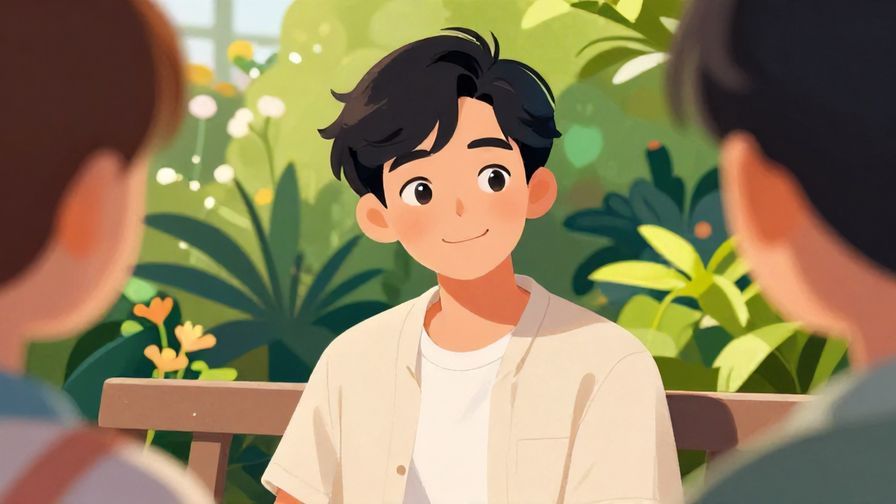 Illustration%20of%20a%20person%20smiling%20softly%20while%20asking%20someone%20to%20wait%20gently%2C%20garden%20background%2C%20vibrant%20colors%2C%20illustrated%20style