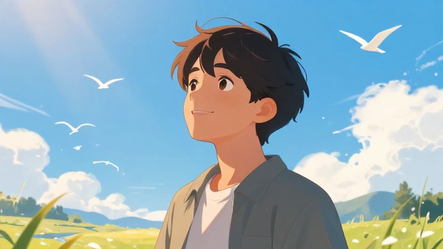 Illustration%20of%20a%20person%20smiling%20under%20a%20clear%20blue%20sky%2C%20with%20sunrays%20and%20birds%20flying%20around%20a%20peaceful%20landscape