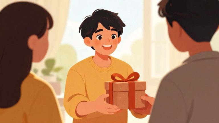 Illustration%20of%20a%20person%20smiling%20warmly%20while%20handing%20a%20gift%20to%20a%20friend%2C%20soft%20sunlight%2C%20vibrant%20colors%2C%20illustrated%20style