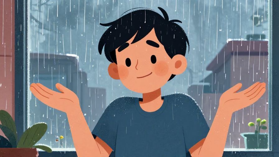 Illustration%20of%20a%20person%20smiling%20weakly%20while%20shrugging%20with%20rain%20falling%20outside%20a%20window%2C%20detailed%20background%2C%20vibrant%20colors%2C%20illustrated%20style
