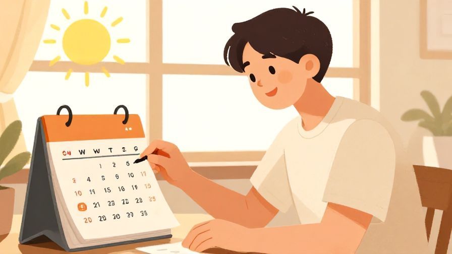 Illustration%20of%20a%20person%20smiling%20while%20checking%20a%20calendar%20with%20a%20sunny%20window%20background%2C%20warm%20colors%2C%20illustrated%20style