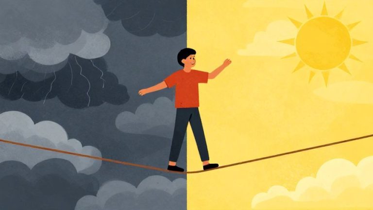 Illustration%20of%20a%20person%20smiling%20while%20balancing%20on%20a%20tightrope%20with%20stormy%20clouds%20on%20one%20side%20and%20sunshine%20on%20the%20other%2C%20vibrant%20colors%2C%20illustrated%20style