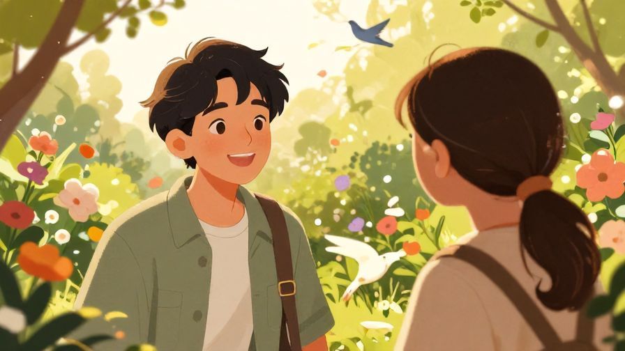 Illustration%20of%20a%20person%20smiling%20while%20speaking%20to%20another%20in%20a%20warm%2C%20sunlit%20garden%20with%20flowers%20and%20birds%2C%20detailed%20background%2C%20vibrant%20colors%2C%20illustrated%20style