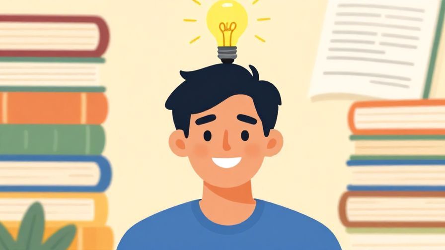 Illustration%20of%20a%20person%20smiling%20with%20a%20lightbulb%20above%20their%20head%2C%20feeling%20accomplished%2C%20colorful%20background%20showing%20books%20and%20study%20materials%2C%20illustrated%20style