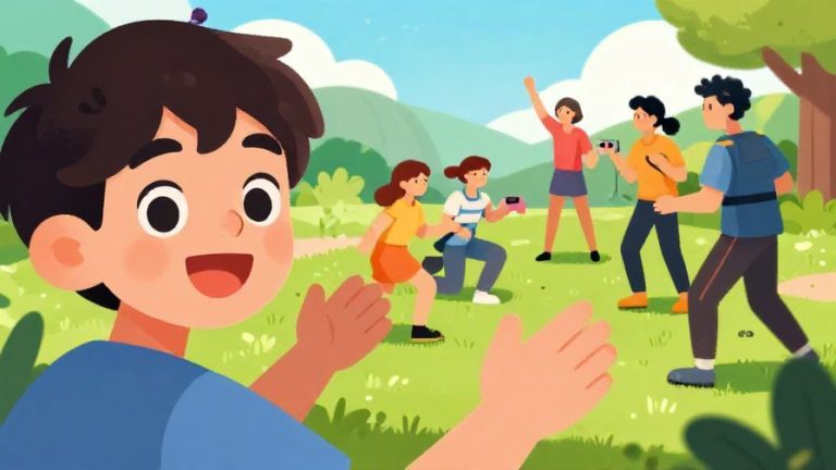 Illustration%20of%20a%20person%20smiling%2C%20eyes%20wide%20with%20excitement%2C%20gesturing%20toward%20a%20colorful%20scene%20of%20friends%20playing%20games%2C%20bright%20outdoor%20setting