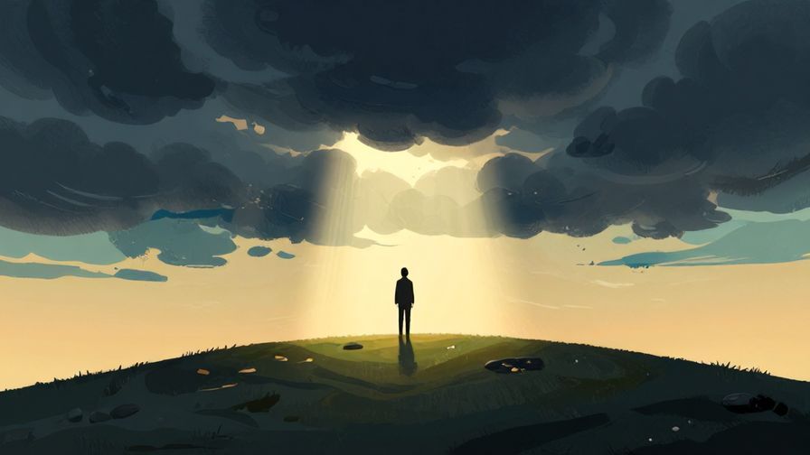 Illustration%20of%20a%20person%20standing%20alone%20on%20a%20hill%20with%20dark%20clouds%20parting%20above%20them%20and%20a%20small%20ray%20of%20sunlight%20breaking%20through%2C%20detailed%20background%2C%20vibrant%20colors%2C%20illustrated%20style