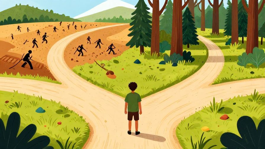 Illustration%20of%20a%20person%20standing%20at%20a%20crossroads%2C%20one%20path%20leads%20to%20a%20battlefield%20and%20the%20other%20to%20a%20forest%20escape%20route.%20Bright%2C%20vibrant%20colors%2C%20illustrated%20style