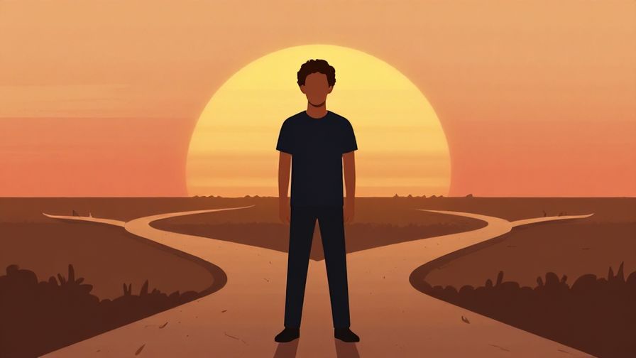Illustration%20of%20a%20person%20standing%20at%20a%20forked%20path%20with%20a%20serious%20expression%2C%20sunset%20background%2C%20warm%20colors