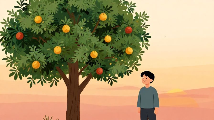 Illustration%20of%20a%20person%20standing%20next%20to%20a%20fruit-laden%20tree%20with%20a%20content%20smile%20and%20a%20sunset%20background%2C%20natural%20colors%2C%20illustrated%20style