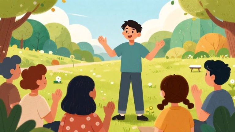 Illustration%20of%20a%20person%20summarizing%20a%20story%20to%20friends%20with%20animated%20gestures%2C%20colorful%20park%20background%2C%20vibrant%20colors%2C%20illustrated%20style