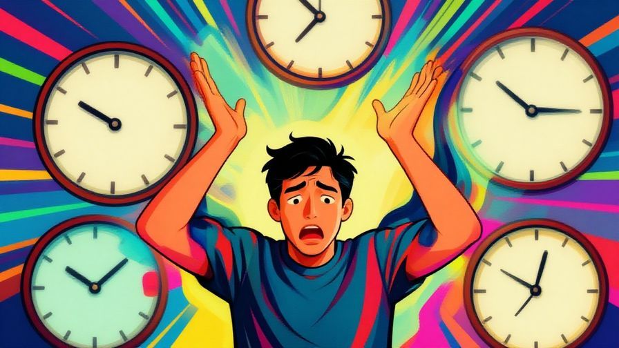 Illustration%20of%20a%20person%20throwing%20hands%20up%20in%20exasperation%20with%20a%20background%20of%20clock%20hands%20spinning%20quickly%2C%20vibrant%20colors%2C%20illustrated%20style