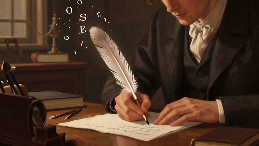 Illustration%20of%20a%20person%20trying%20to%20write%20with%20a%20quill%20but%20the%20words%20dissolve%20into%20light%2C%20vintage%20study%20room%20background