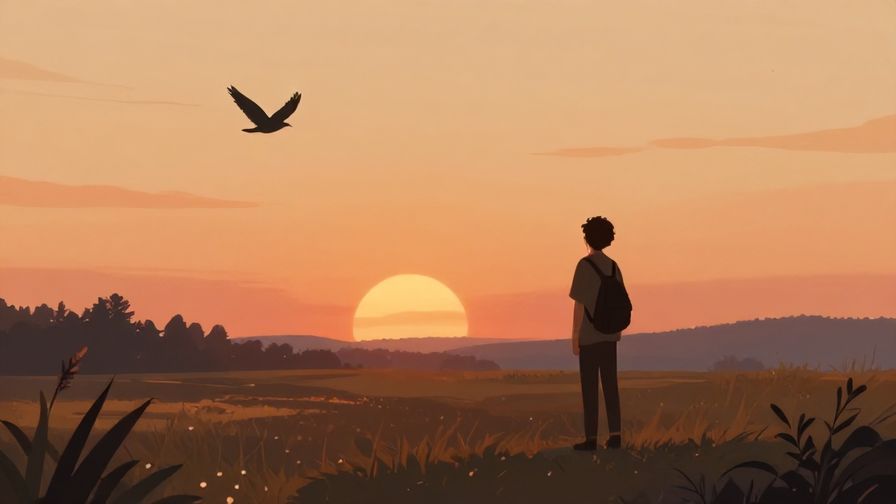 Illustration%20of%20a%20person%20watching%20a%20bird%20fly%20away%20over%20a%20field%20at%20sunset%2C%20with%20gentle%20warm%20tones%20and%20a%20calm%20atmosphere