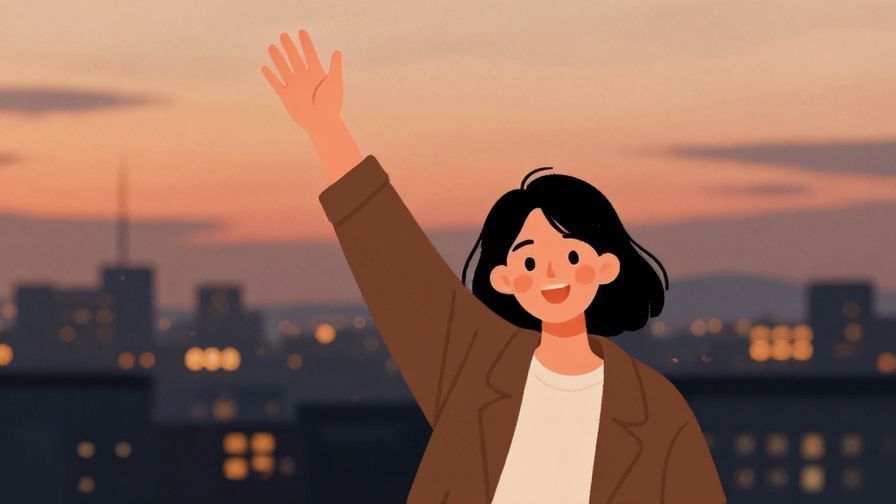 Illustration%20of%20a%20person%20waving%20cheerfully%20at%20dusk%20with%20city%20lights%20in%20the%20background%2C%20illustrated%20style%2C%20warm%20colors