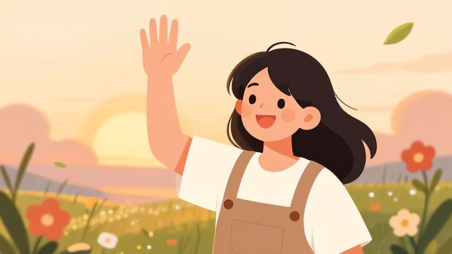 Illustration%20of%20a%20person%20waving%20goodbye%20with%20a%20bright%20smile%20and%20soft%20sunset%20background%20including%20flowers%20and%20floating%20leaves%2C%20illustrated%20style