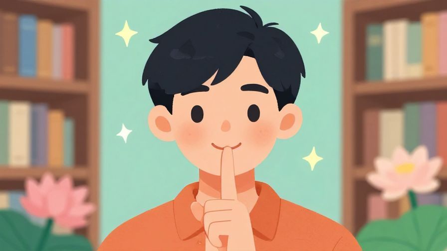 Illustration%20of%20a%20person%20with%20a%20gentle%20smile%2C%20raising%20a%20finger%20to%20their%20lips%20for%20quiet%20in%20a%20library%20setting%2C%20soft%20stars%20and%20lotus%20flowers%20in%20background%2C%20vibrant%20colors%2C%20illustrated%20style