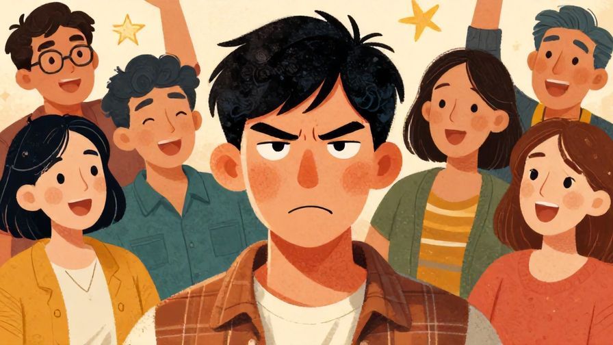 Illustration%20of%20a%20person%20with%20a%20grumpy%20expression%20among%20a%20group%20having%20fun%2C%20detailed%20background%2C%20vibrant%20colors%2C%20illustrated%20style