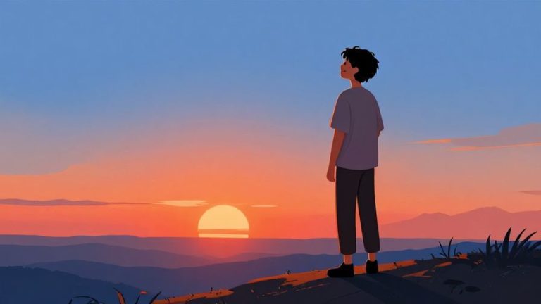 Illustration%20of%20a%20person%20with%20a%20relaxed%20smile%2C%20standing%20on%20a%20hilltop%20watching%20the%20sunset%2C%20symbolizing%20hope%20and%20calm%2C%20vibrant%20colors%2C%20illustrated%20style