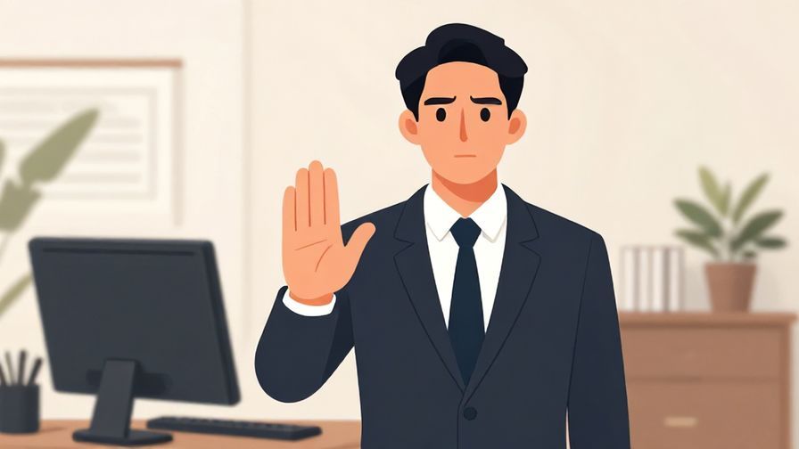 Illustration%20of%20a%20person%20with%20a%20serious%20expression%20holding%20up%20one%20hand%20to%20signal%20pause%2C%20formal%20office%20setting%2C%20illustrated%20style