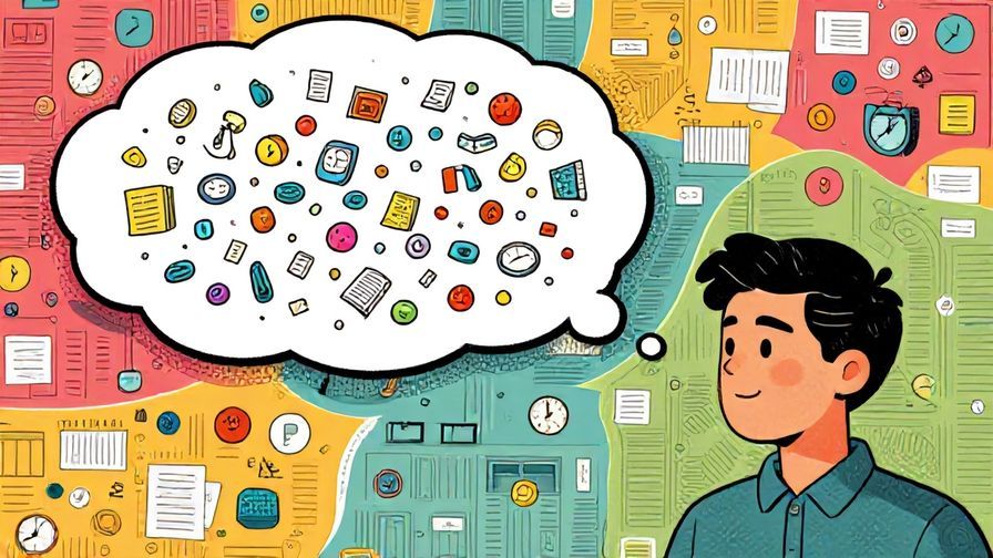 Illustration%20of%20a%20person%20with%20a%20thought%20bubble%20overflowing%20with%20tiny%20icons%20like%20papers%2C%20clocks%2C%20and%20symbols%2C%20detailed%20background%2C%20vibrant%20colors%2C%20illustrated%20style