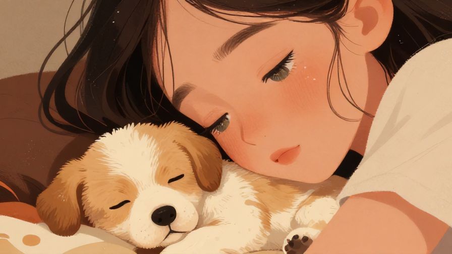Illustration%20of%20a%20person%20with%20sparkling%20eyes%20looking%20at%20a%20small%20puppy%20sleeping%20peacefully%2C%20soft%20lighting%2C%20illustrated%20style