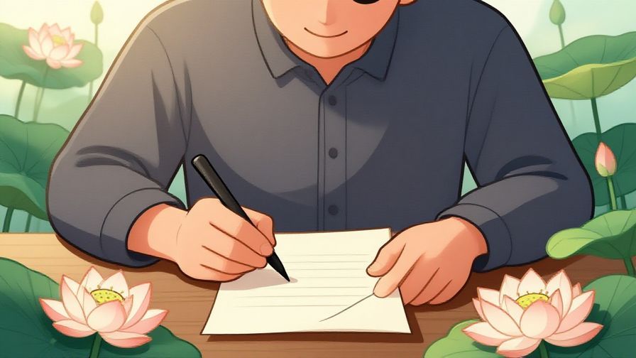 Illustration%20of%20a%20person%20writing%20a%20letter%20with%20a%20kind%20smile%2C%20soft%20sunlight%20and%20floating%20lotus%20flowers%20around%20them%2C%20illustrated%20style