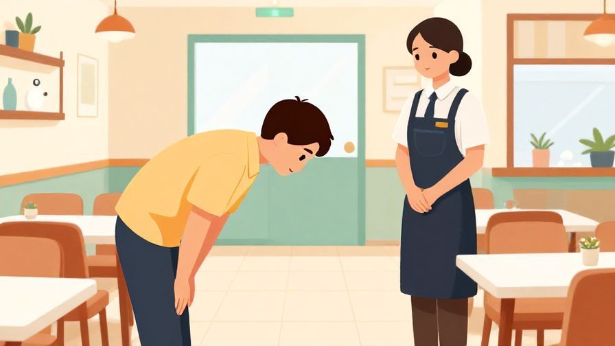 Illustration%20of%20a%20polite%20person%20bowing%20slightly%20and%20asking%20a%20staff%20member%20in%20a%20clean%20restaurant%20interior.%20Vibrant%20colors%2C%20illustrated%20style