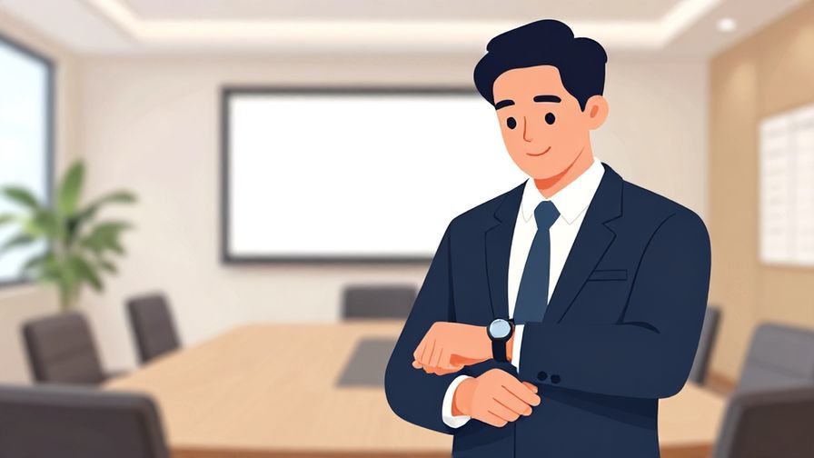 Illustration%20of%20a%20professional%20checking%20their%20watch%20with%20a%20calm%20smile%2C%20conference%20room%20background%2C%20vibrant%20colors%2C%20illustrated%20style