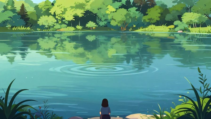 Illustration%20of%20a%20quiet%20lake%20with%20a%20single%20ripple%20and%20a%20hidden%20figure%20watching%20calmly%2C%20detailed%20background%2C%20vibrant%20colors%2C%20illustrated%20style