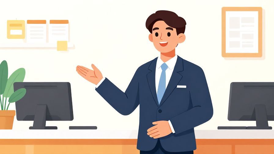 Illustration%20of%20a%20receptionist%20gesturing%20politely%20to%20wait%20with%20a%20smile%2C%20office%20background%2C%20vibrant%20colors%2C%20illustrated%20style