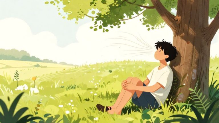 Illustration%20of%20a%20relaxed%20person%20sitting%20under%20a%20tree%20ignoring%20a%20bothering%20breeze%2C%20detailed%20background%2C%20vibrant%20colors%2C%20illustrated%20style