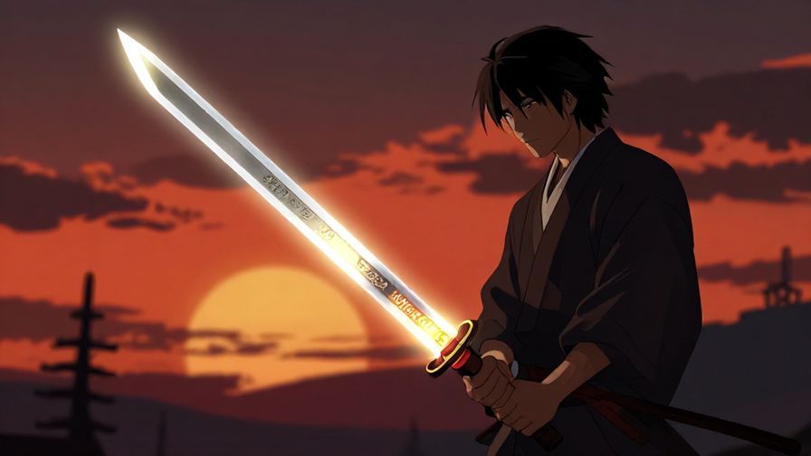 Illustration%20of%20a%20samurai%20holding%20a%20glowing%20sword%20made%20of%20light%20and%20symbols%20of%20knowledge%2C%20dramatic%20sunset%20background%2C%20illustrated%20style