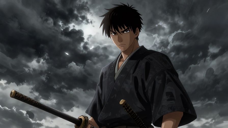 Illustration%20of%20a%20samurai%20preparing%20for%20battle%20with%20a%20serious%20expression%2C%20stormy%20sky%20background%2C%20dramatic%20lighting