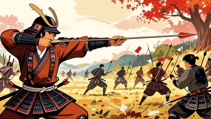 Illustration%20of%20a%20samurai%20shooting%20an%20arrow%20back%20in%20a%20battlefield%20symbolizing%20payback%2C%20detailed%20background%2C%20vibrant%20colors%2C%20illustrated%20style