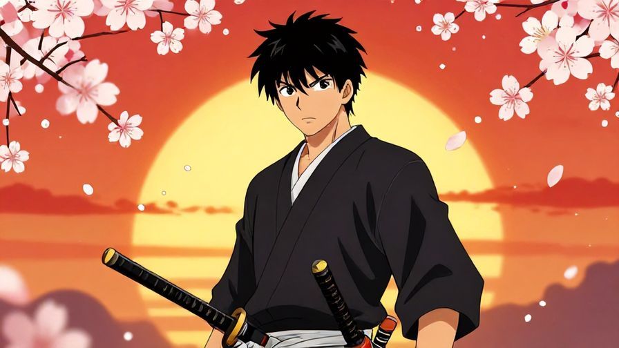 Illustration%20of%20a%20samurai%20standing%20firmly%20with%20a%20determined%20expression%2C%20cherry%20blossoms%20falling%20around%20and%20a%20fiery%20sunset%20background%2C%20vibrant%20colors%2C%20illustrated%20style