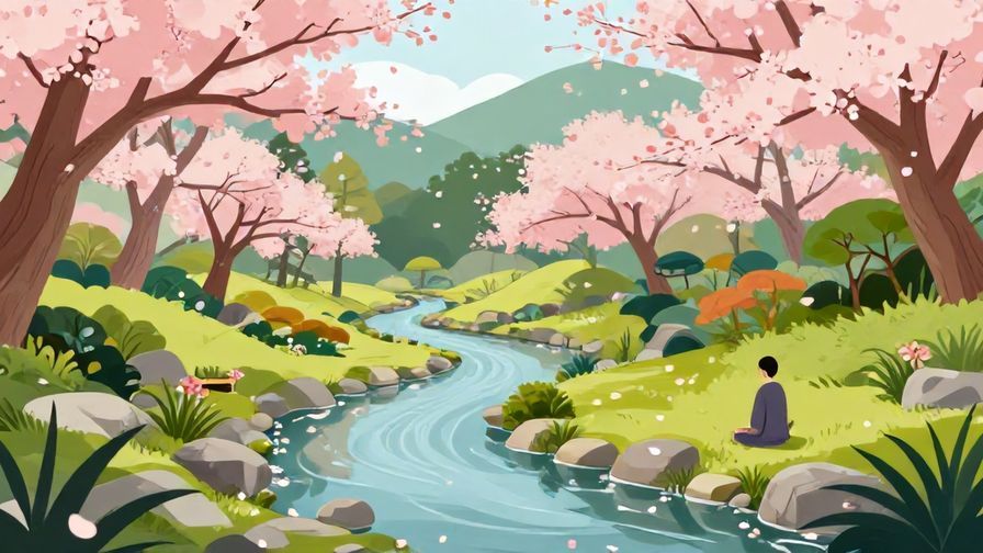Illustration%20of%20a%20serene%20Japanese%20garden%20with%20a%20gentle%20stream%2C%20cherry%20blossoms%20falling%20softly%2C%20and%20a%20calm%20person%20meditating.%20Detailed%20background%2C%20vibrant%20colors%2C%20illustrated%20style